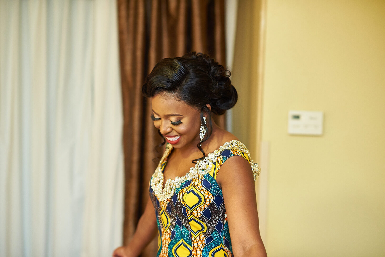 bride in a blue and yellow dress
