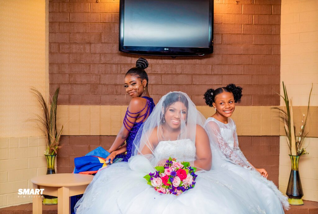 Bride with bridesmaid and flower girl