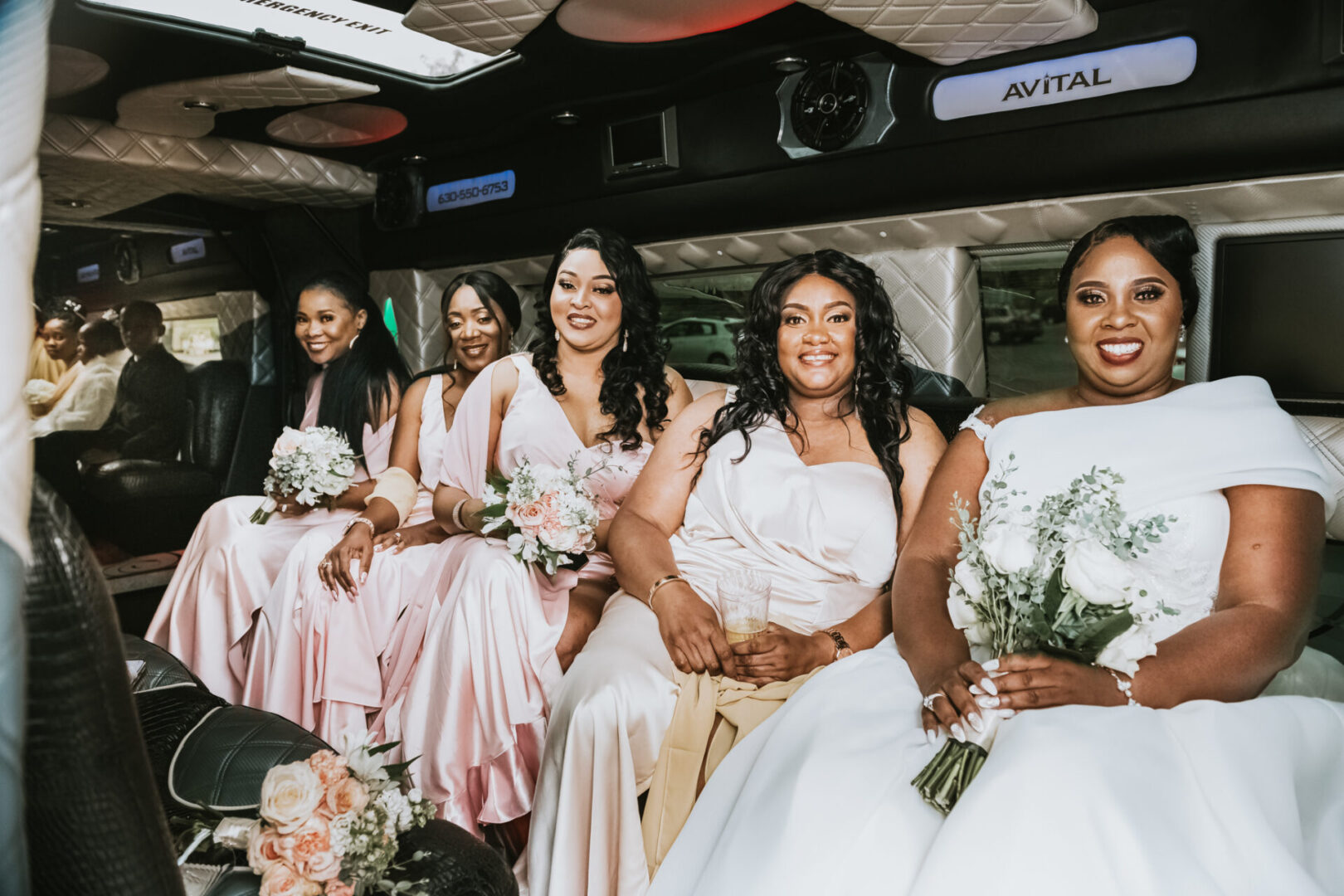 Bride and matrons in limo