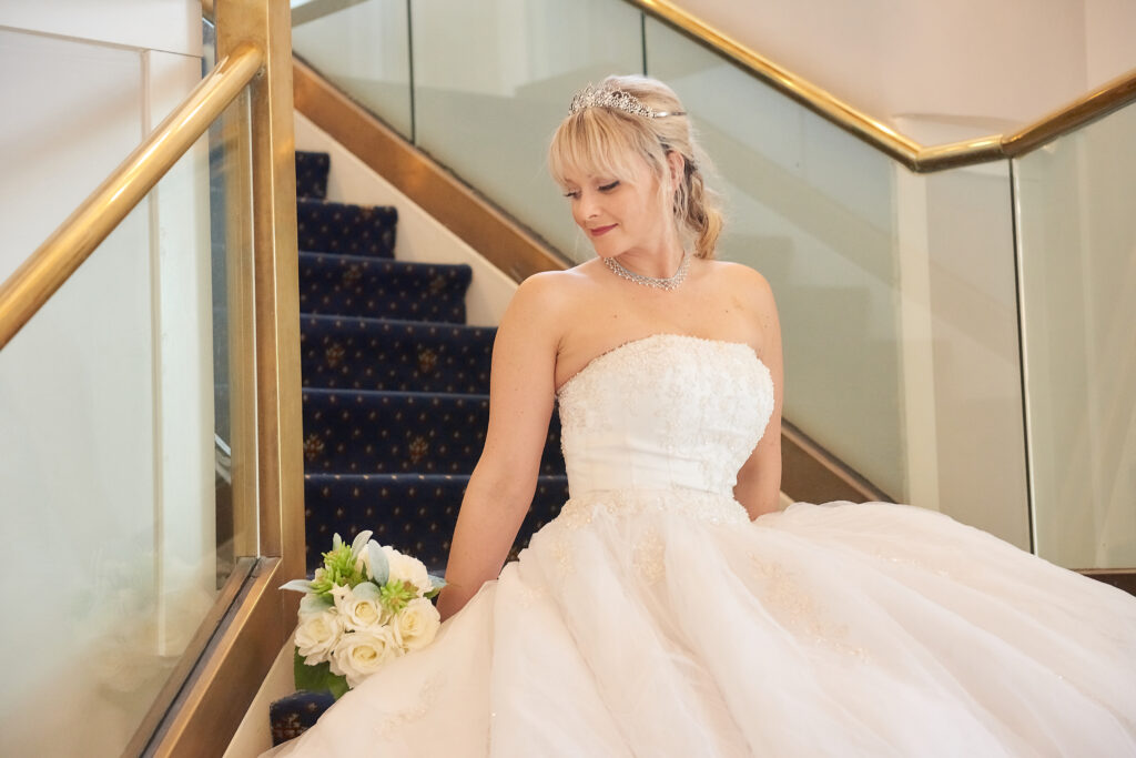 Luxury wedding planning, Bride posing on the stairs