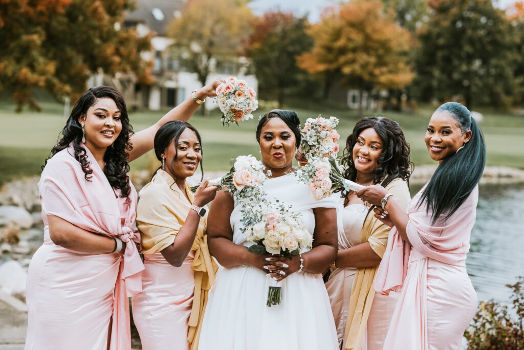 Luxury wedding planning, Bride with her matrons of honor surrounded by nature and trees