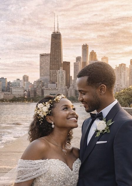 African American couple celebrating their wedding by Lake Michigan with the Chicago skyline in the background, representing multicultural wedding planning in Chicago.