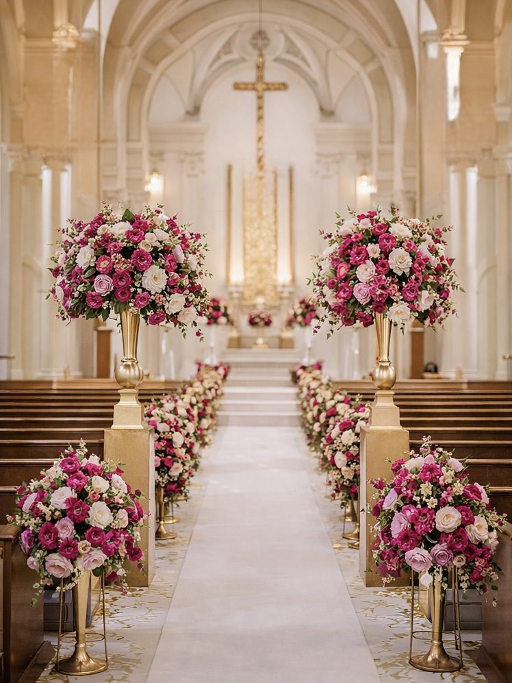 Cerimônia de casamento em igreja elegante com decoração magenta, dourado e branco, flores alinhadas ao longo do corredor e arranjos florais sofisticados.