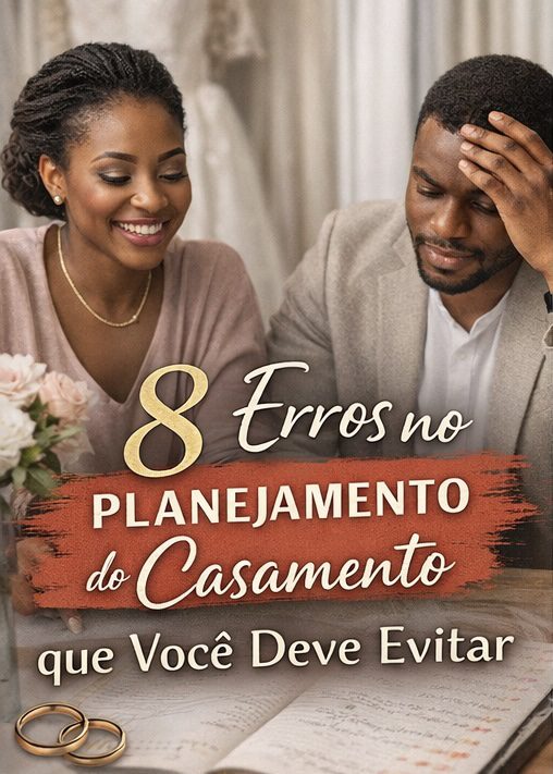 Casal africano planejando o casamento com checklist e elementos de decoração, destacando erros comuns no planejamento de casamentos que devem ser evitados.